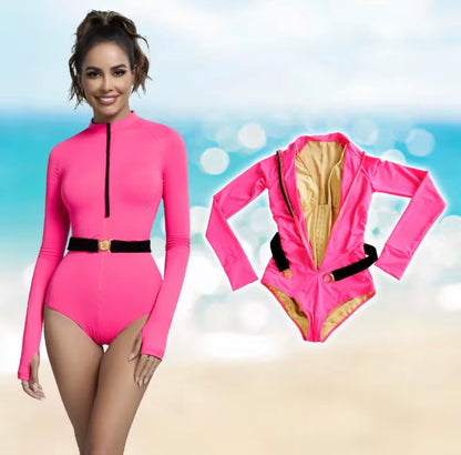Pink Long Sleeve Tummy Control Swim Bodysuit – Sculpting Sun Protection One-Piece Swimsuit
