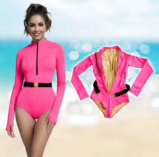 Pink Long Sleeve Tummy Control Swim Bodysuit – Sculpting Sun Protection One-Piece Swimsuit