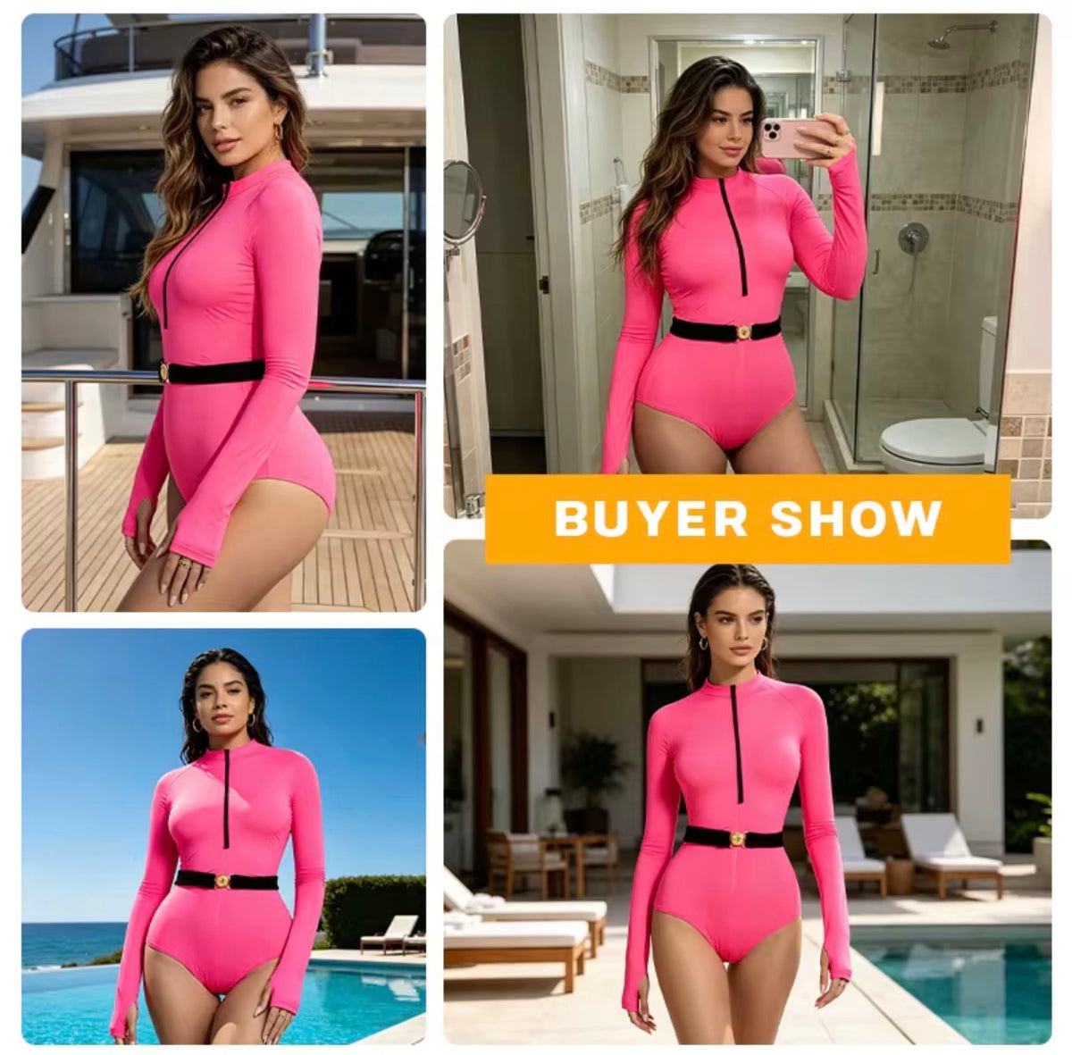Pink Long Sleeve Tummy Control Swim Bodysuit – Sculpting Sun Protection One-Piece Swimsuit
