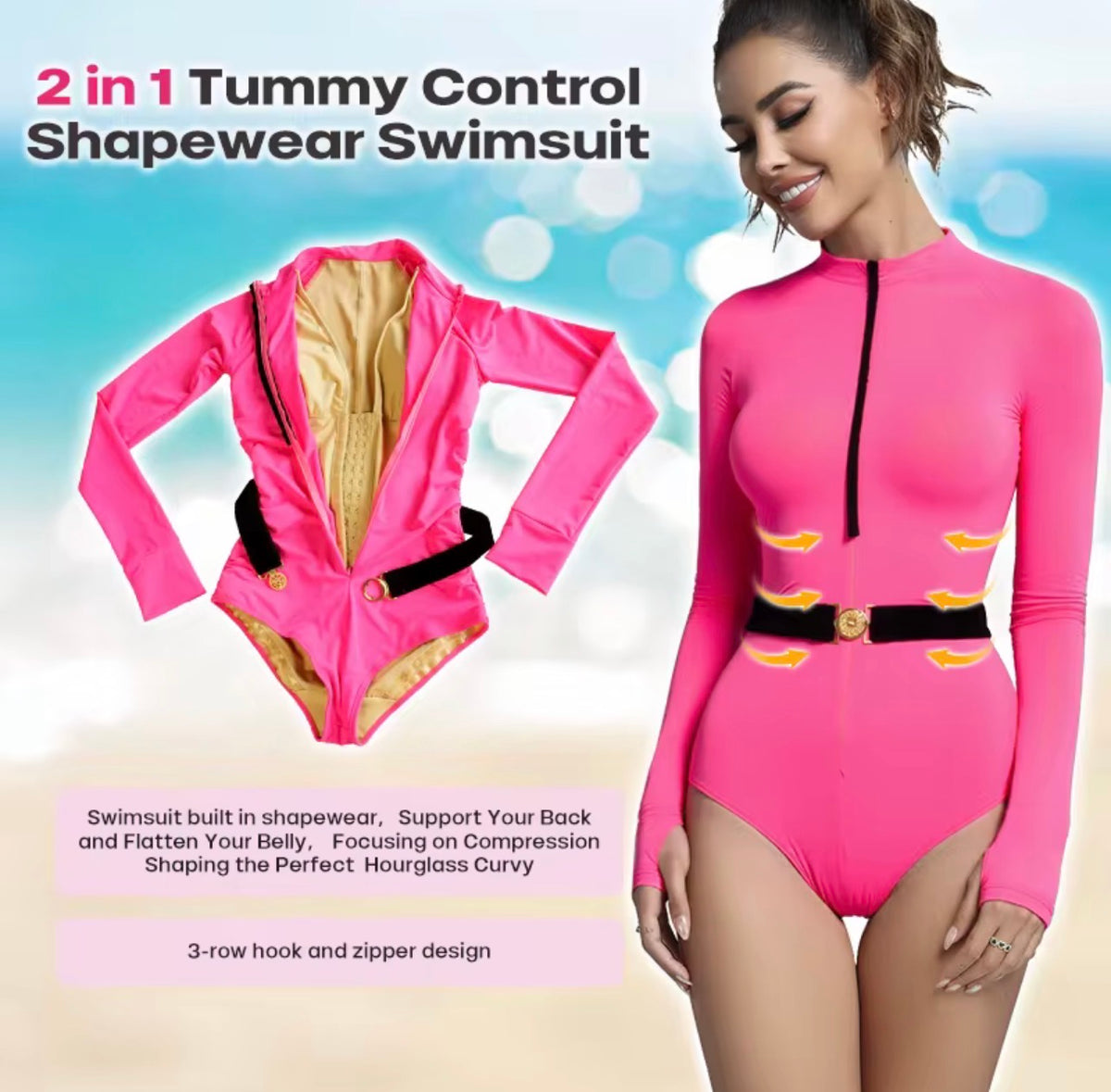 Pink Long Sleeve Tummy Control Swim Bodysuit – Sculpting Sun Protection One-Piece Swimsuit