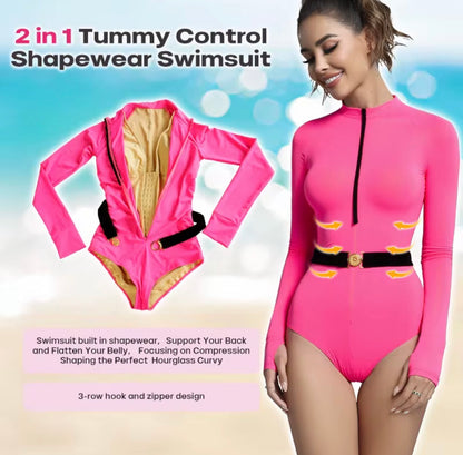 Pink Long Sleeve Tummy Control Swim Bodysuit – Sculpting Sun Protection One-Piece Swimsuit