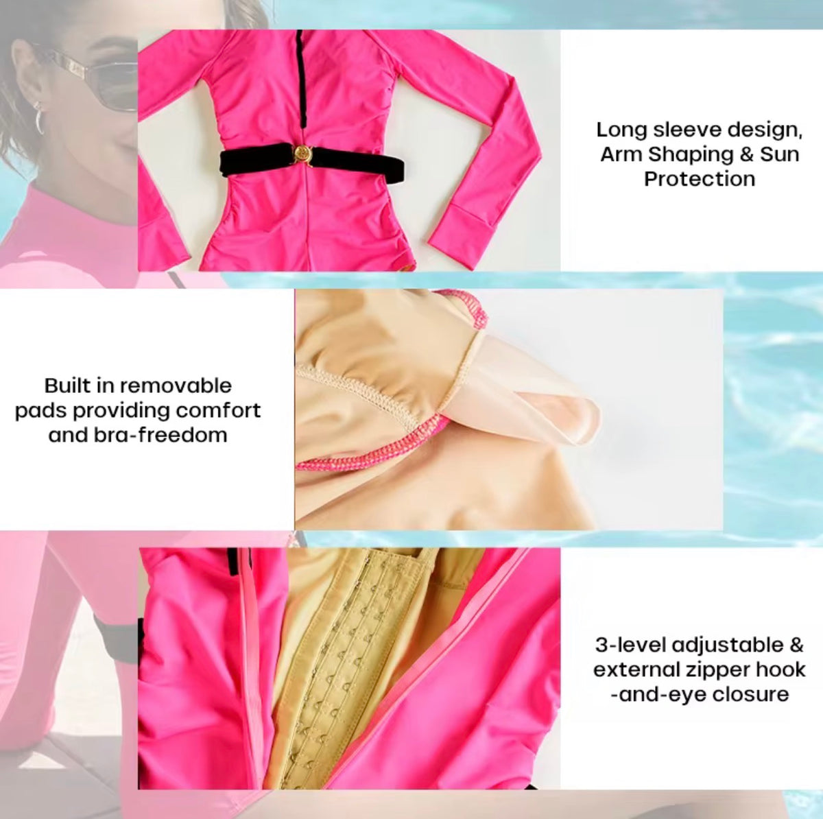 Pink Long Sleeve Tummy Control Swim Bodysuit – Sculpting Sun Protection One-Piece Swimsuit