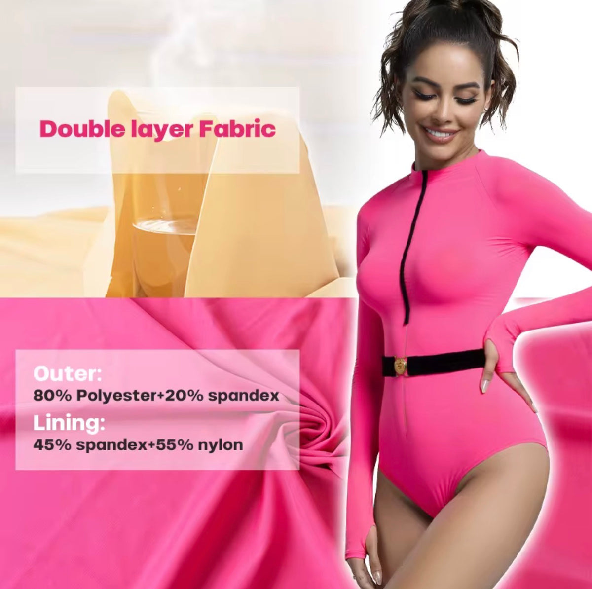 Pink Long Sleeve Tummy Control Swim Bodysuit – Sculpting Sun Protection One-Piece Swimsuit