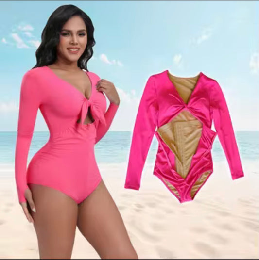 Hot Pink Long Sleeve Tummy Control One-Piece Swimsuit – Sculpting Flat Tummy Swim Bodysuit