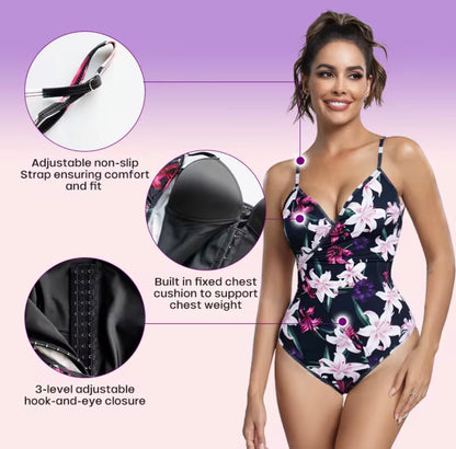 Floral 2-in-1 Tummy Control One-Piece Swimsuit – Sculpting Shapewear Swim Bodysuit