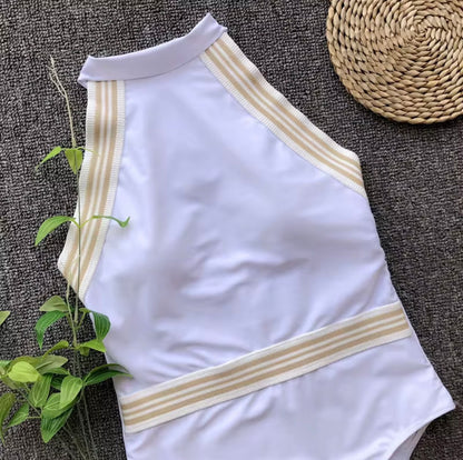 White Tummy Control One-Piece Swimsuit – Luxury High Neck Sculpting Swim Bodysuit
