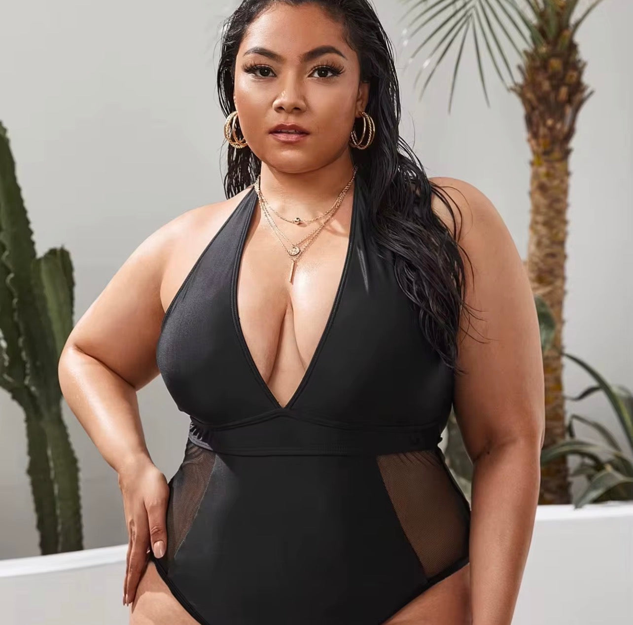 Plus Size Black Tummy Control One-Piece Swimsuit – Halter V-Neck Sculpting Swimwear with Mesh Detail