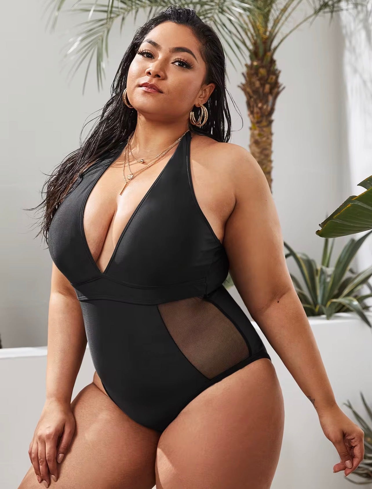 Plus Size Black Tummy Control One-Piece Swimsuit – Halter V-Neck Sculpting Swimwear with Mesh Detail