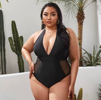 Plus Size Black Tummy Control One-Piece Swimsuit – Halter V-Neck Sculpting Swimwear with Mesh Detail