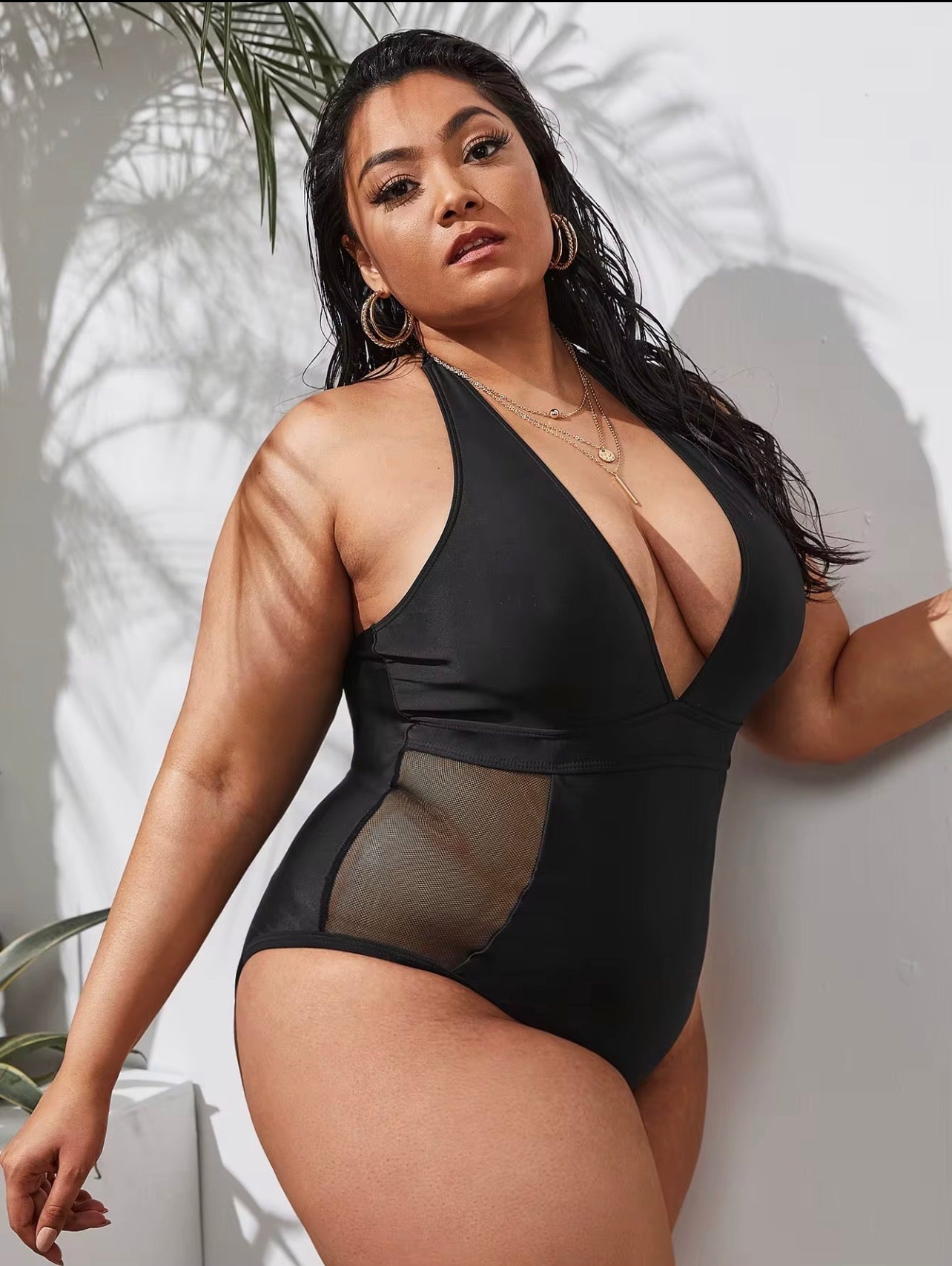 Plus Size Black Tummy Control One-Piece Swimsuit – Halter V-Neck Sculpting Swimwear with Mesh Detail