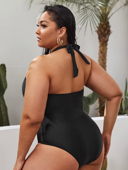 Plus Size Black Tummy Control One-Piece Swimsuit – Halter V-Neck Sculpting Swimwear with Mesh Detail