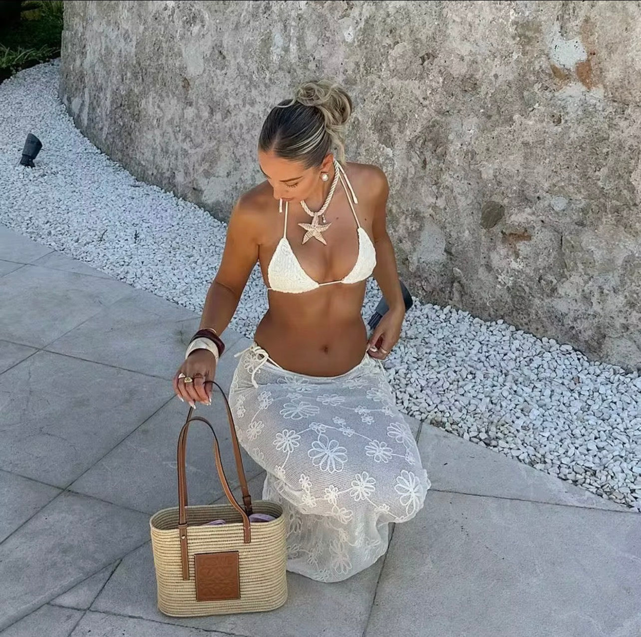 White Floral 3-Piece Bikini Set with Sheer Beach Skirt