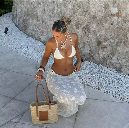 White Floral 3-Piece Bikini Set with Sheer Beach Skirt