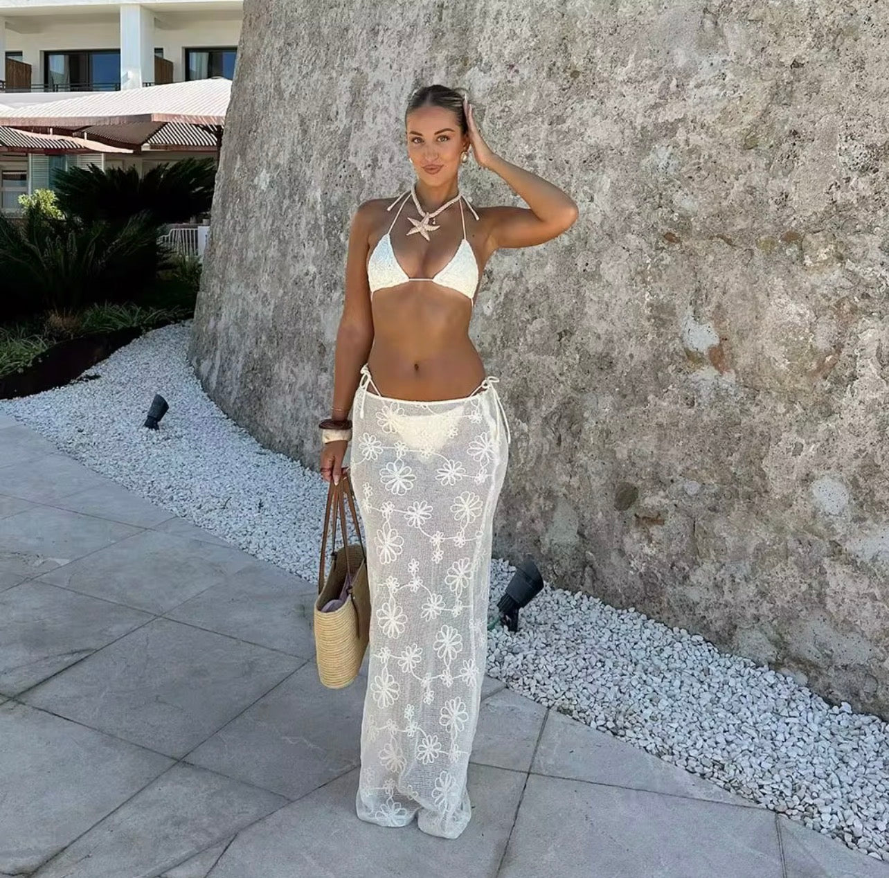 White Floral 3-Piece Bikini Set with Sheer Beach Skirt