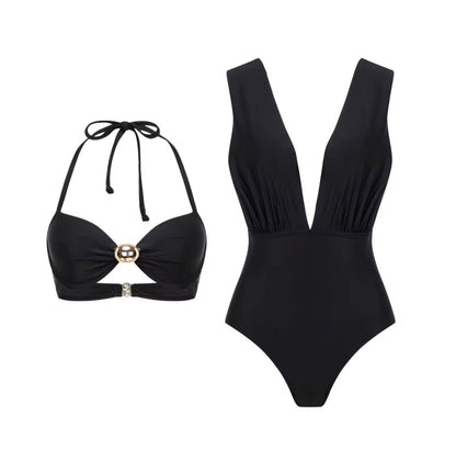 Black V-Neck Cutout 3-Piece Swimsuit Set with Tropical Wrap Skirt