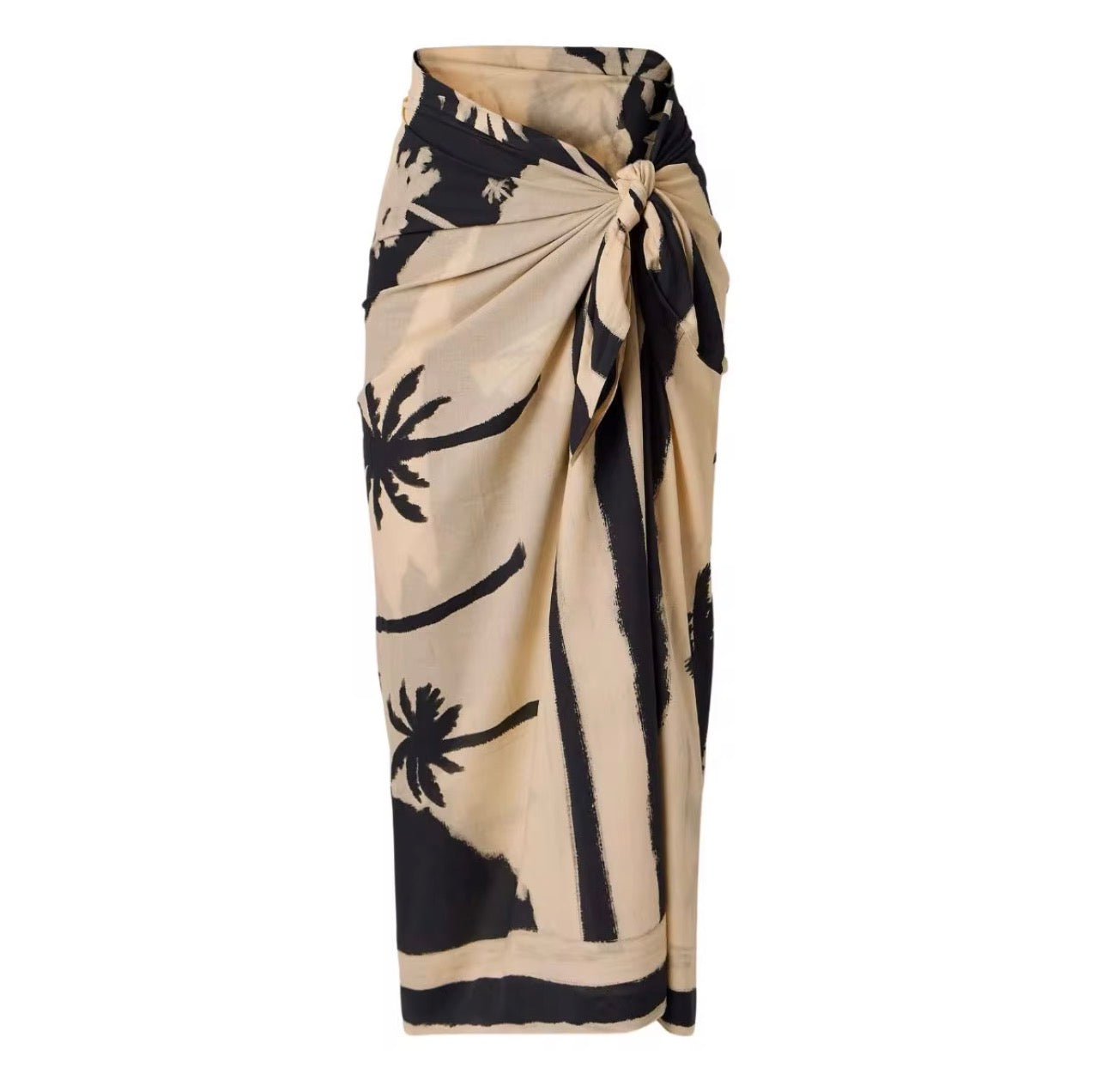 Black V-Neck Cutout 3-Piece Swimsuit Set with Tropical Wrap Skirt