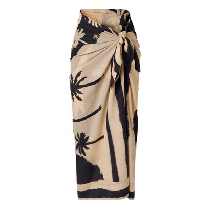Black V-Neck Cutout 3-Piece Swimsuit Set with Tropical Wrap Skirt