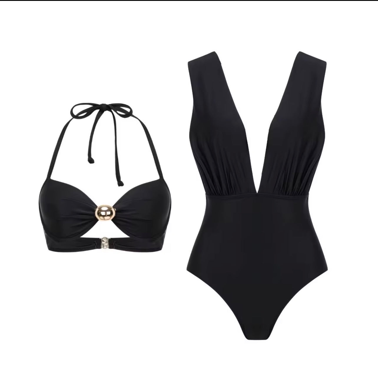 Black V-Neck Cutout 3-Piece Swimsuit Set with Tropical Wrap Skirt