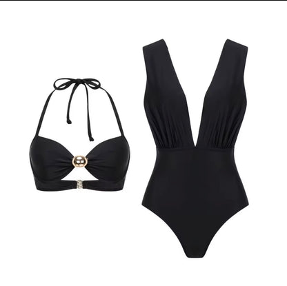 Black V-Neck Cutout 3-Piece Swimsuit Set with Tropical Wrap Skirt