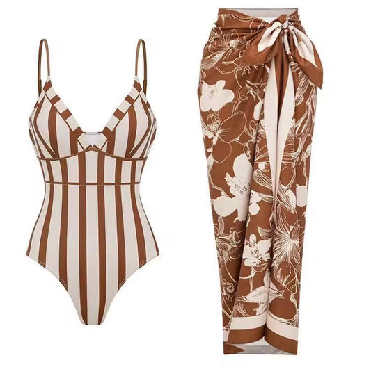 Brown Striped V-Neck 3-Piece Swimsuit Set with Floral Cover-Up Pants
