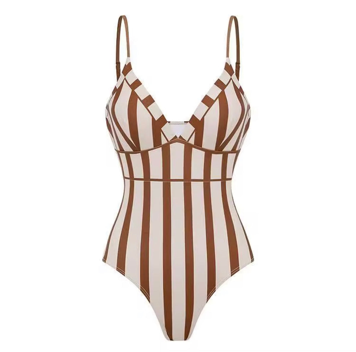 Brown Striped V-Neck 3-Piece Swimsuit Set with Floral Cover-Up Pants