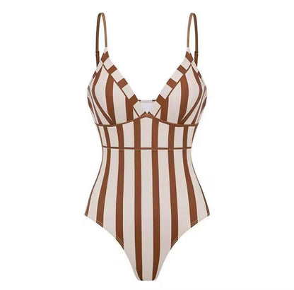 Brown Striped V-Neck 3-Piece Swimsuit Set with Floral Cover-Up Pants