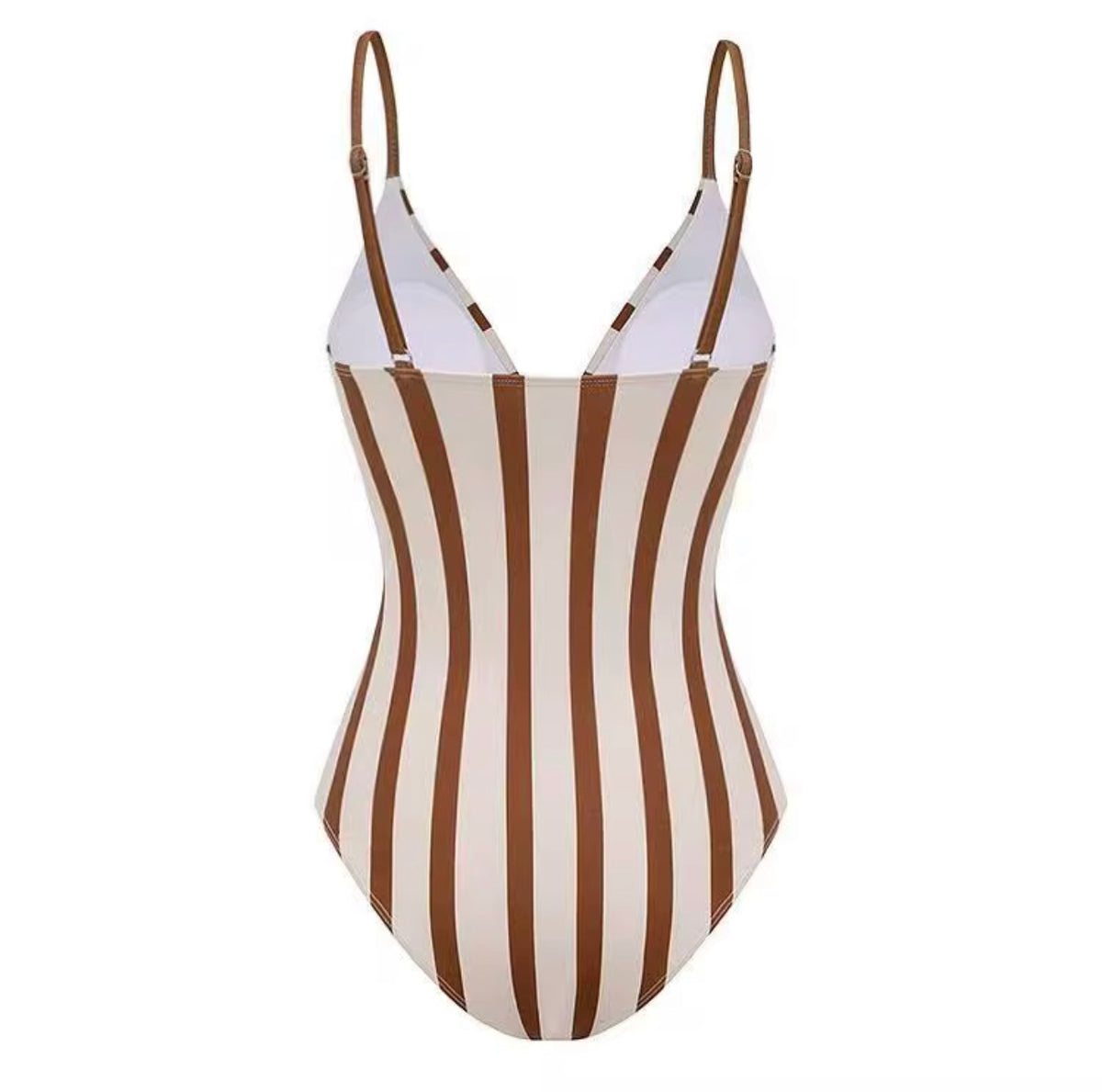 Brown Striped V-Neck 3-Piece Swimsuit Set with Floral Cover-Up Pants