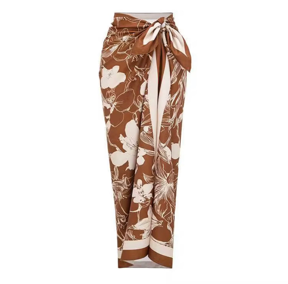 Brown Striped V-Neck 3-Piece Swimsuit Set with Floral Cover-Up Pants