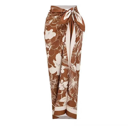 Brown Striped V-Neck 3-Piece Swimsuit Set with Floral Cover-Up Pants