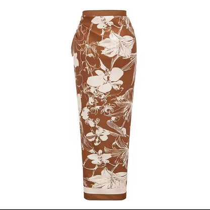 Brown Striped V-Neck 3-Piece Swimsuit Set with Floral Cover-Up Pants