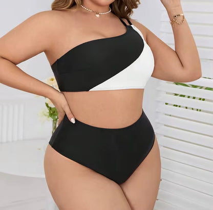 Plus Size Black & White One-Shoulder High-Waist Bikini Set