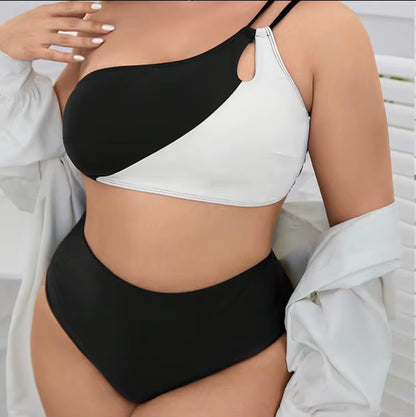 Plus Size Black & White One-Shoulder High-Waist Bikini Set