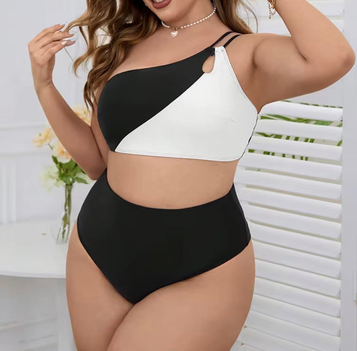 Plus Size Black & White One-Shoulder High-Waist Bikini Set