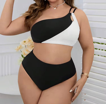 Plus Size Black & White One-Shoulder High-Waist Bikini Set