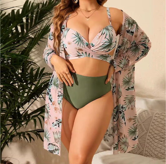 Plus Size Tropical 3-Piece High-Waist Bikini Set with Cover-Up
