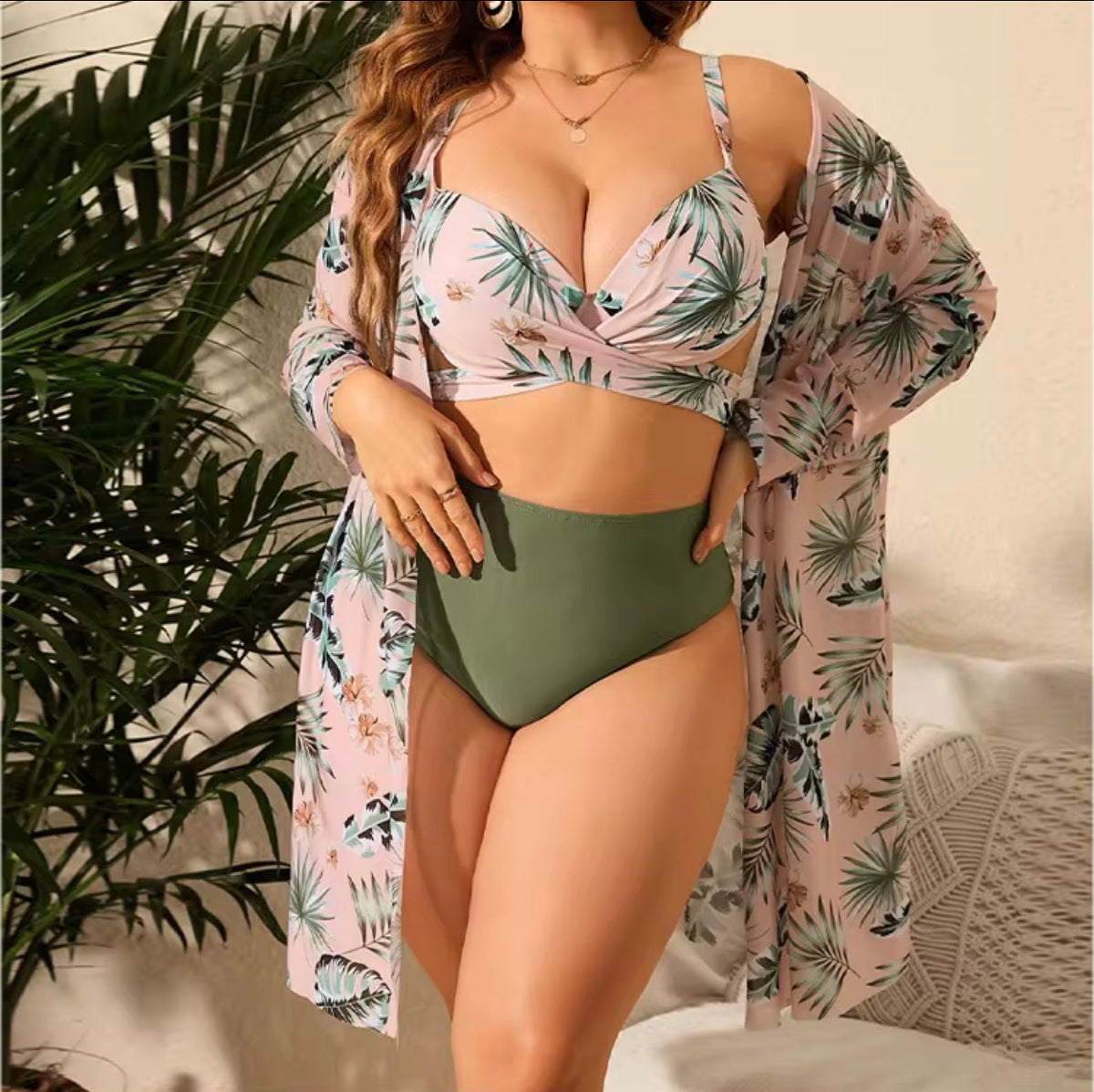 Plus Size Tropical 3-Piece High-Waist Bikini Set with Cover-Up