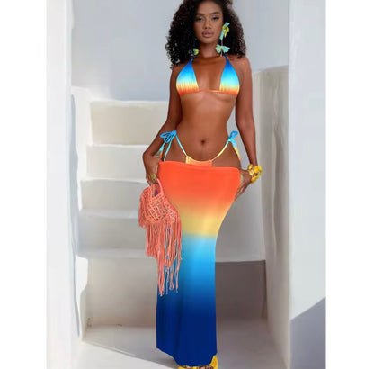 Gradient 3-Piece Bikini Set with Long Beach Skirt