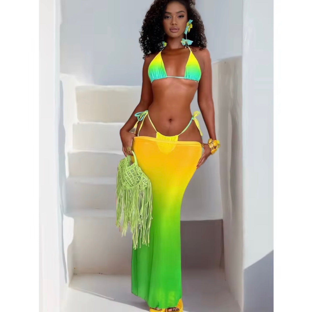 Gradient 3-Piece Bikini Set with Long Beach Skirt