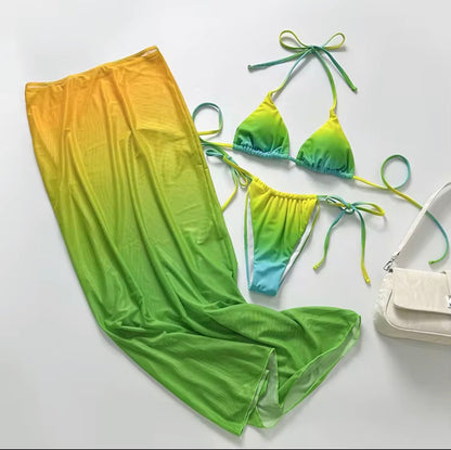 Gradient 3-Piece Bikini Set with Long Beach Skirt