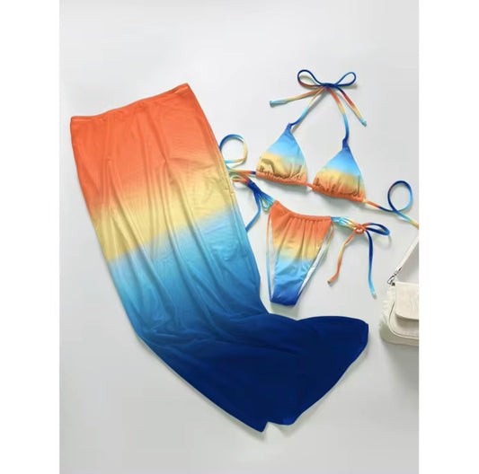 Gradient 3-Piece Bikini Set with Long Beach Skirt