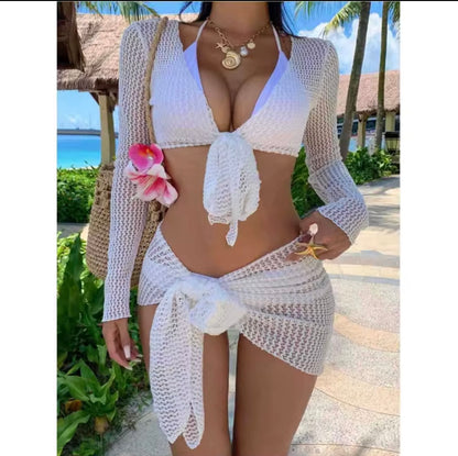 Mesh Long Sleeve 4-Piece Bikini Set with Tie Cover-Up Skirt