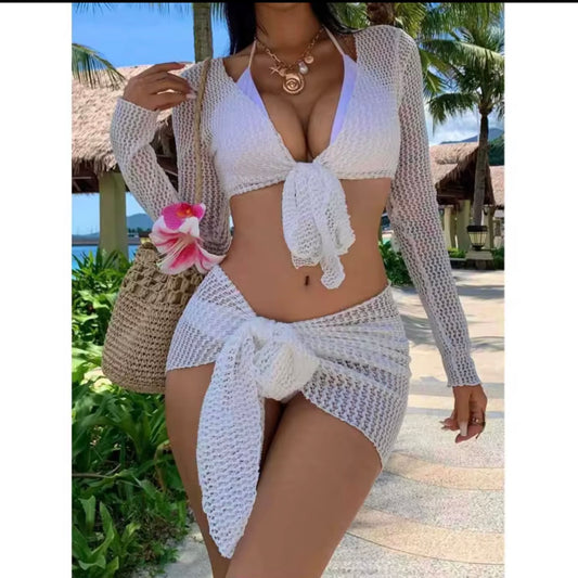 Mesh Long Sleeve 4-Piece Bikini Set with Tie Cover-Up Skirt