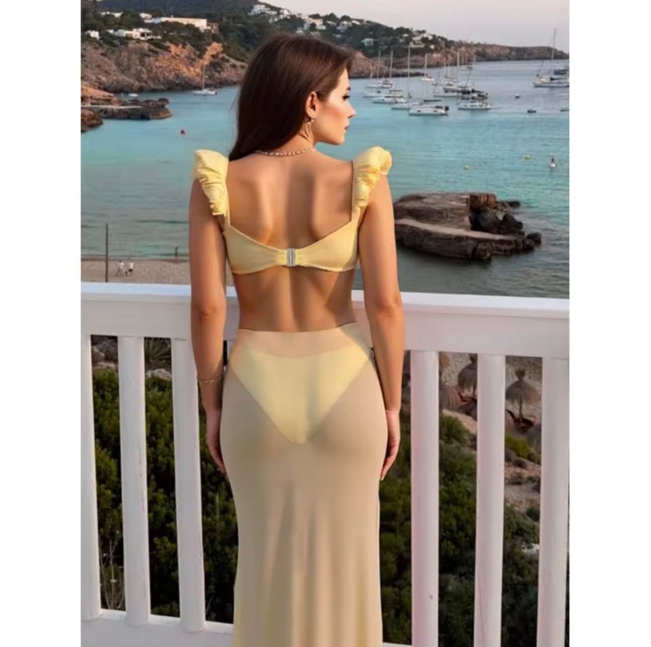 Ruffle Sleeve Bikini Set with Long Beach Skirt