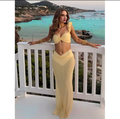 Ruffle Sleeve Bikini Set with Long Beach Skirt