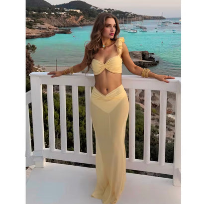 Ruffle Sleeve Bikini Set with Long Beach Skirt