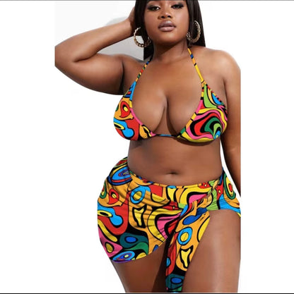 Plus Size Bold Print 3-Piece Bikini Set with Cover-Up
