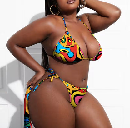 Plus Size Bold Print 3-Piece Bikini Set with Cover-Up