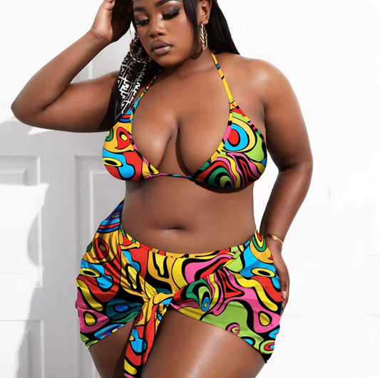 Plus Size Bold Print 3-Piece Bikini Set with Cover-Up