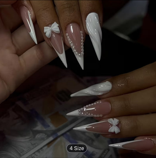 Blush Bow French Stiletto – Handmade Reusable Acrylic Nails