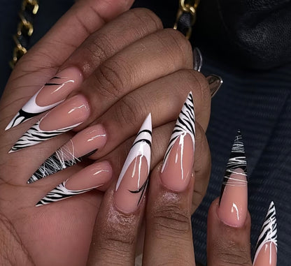 Zebra Noir French Stiletto – Handmade Acrylic Nails
